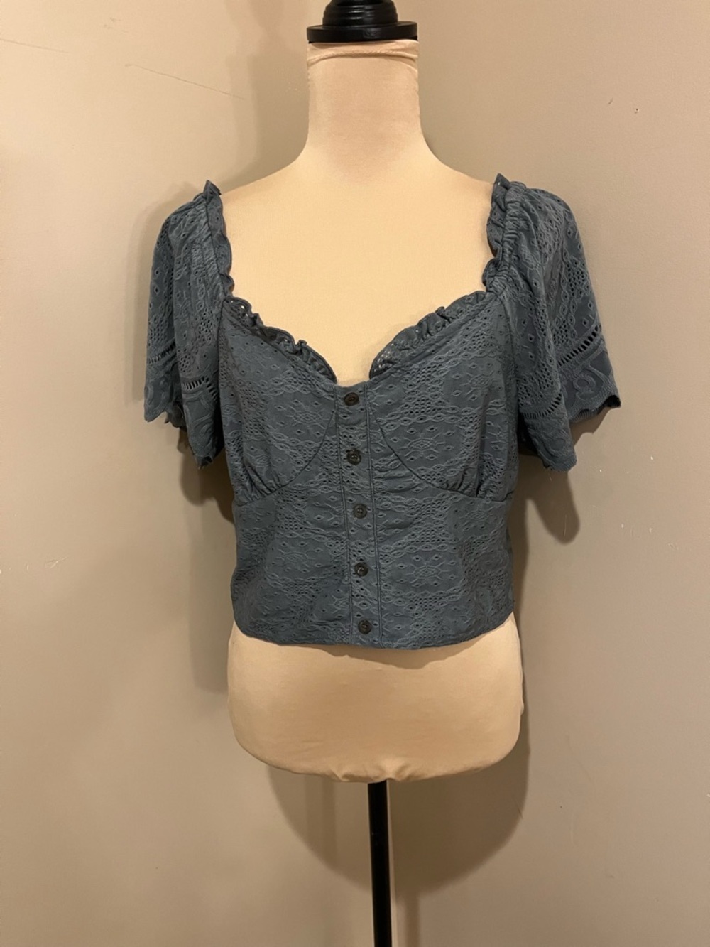 URBAN Outfitters Urban Romantics Blue Eyelet Button-Front Crop Smock back, XL